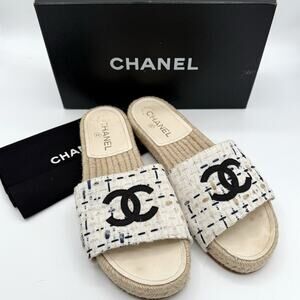 Chanel Espadrille Slide Sandals Tweed Fabric CC Logo Size 40 Made in Spain